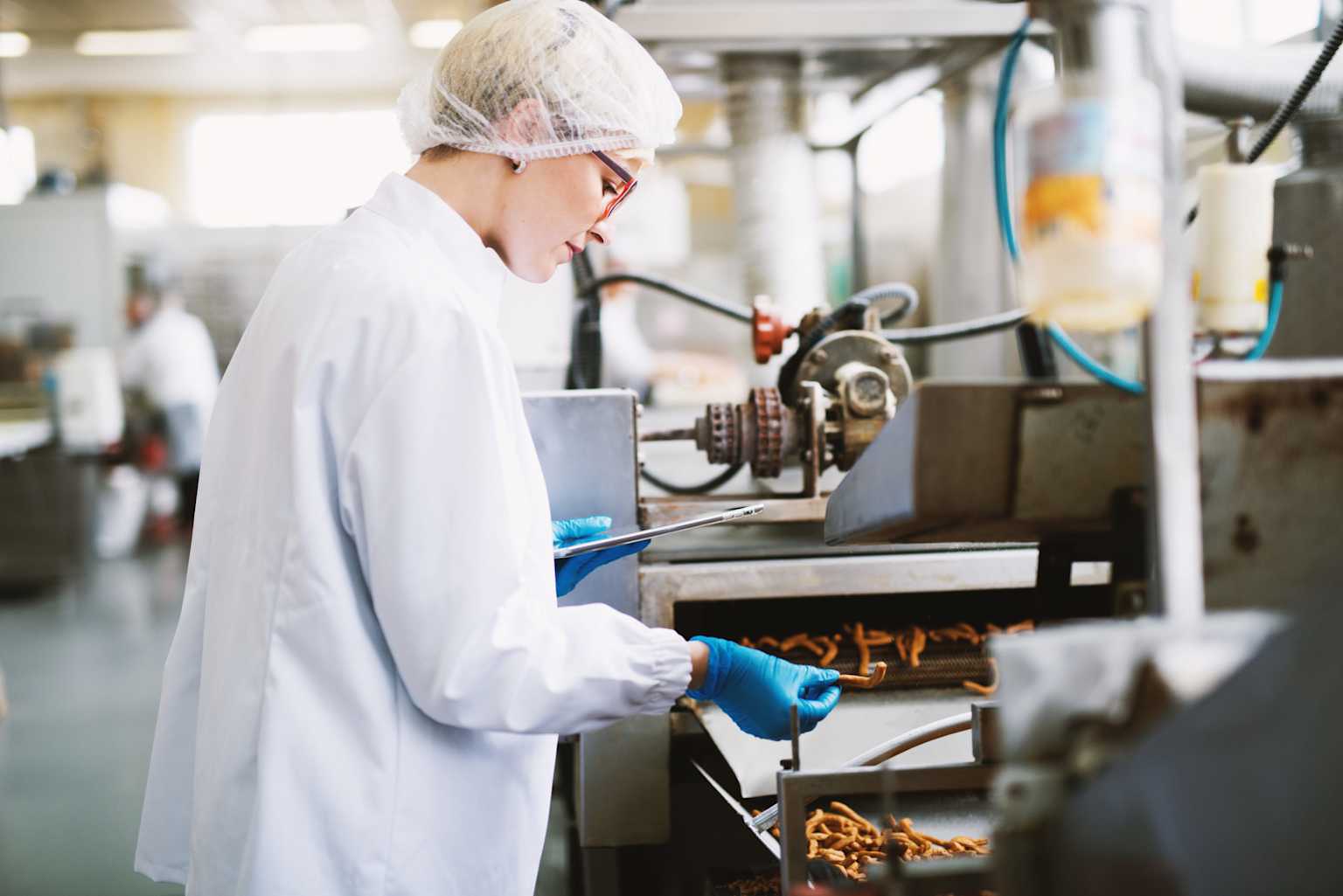 Food production worker inspecting product quality on a conveyor belt in a factory setting