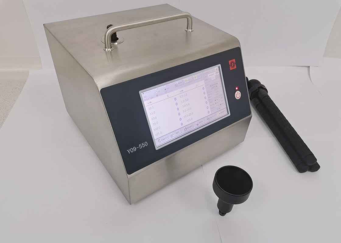 Laboratory particle counter device for compressed air filter testing with touchscreen display and sampling attachments
