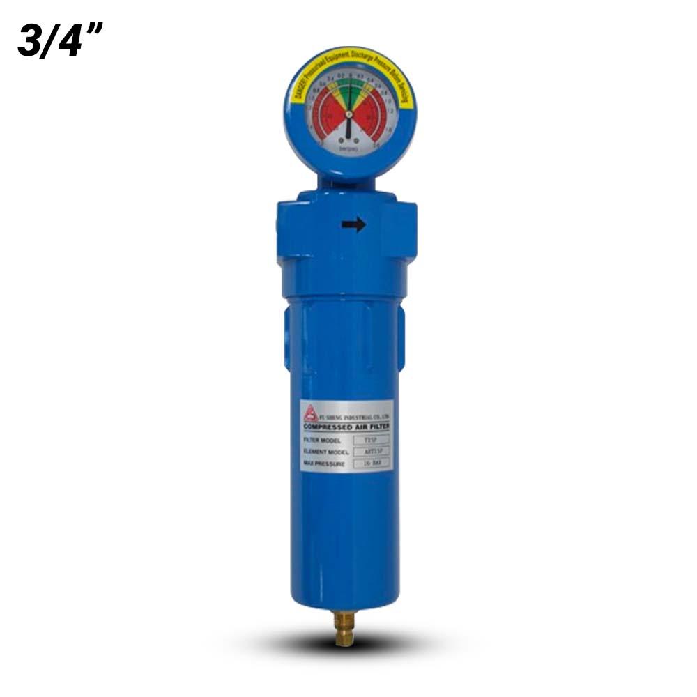 Blue coalescing compressed air filter housing with an integrated pressure gauge showing airflow direction and pressure levels