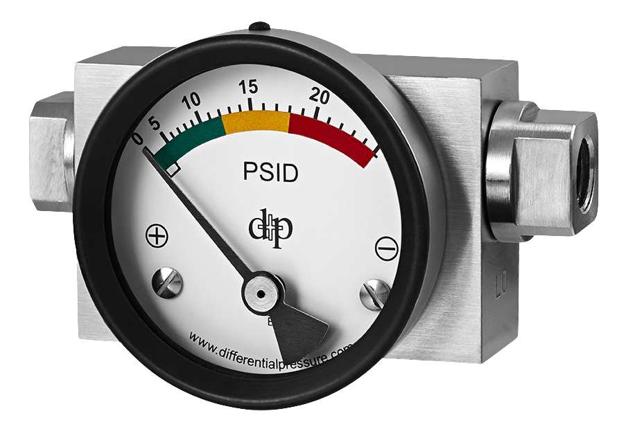 Differential pressure gauge indicating filter status with color-coded pressure zones in PSID