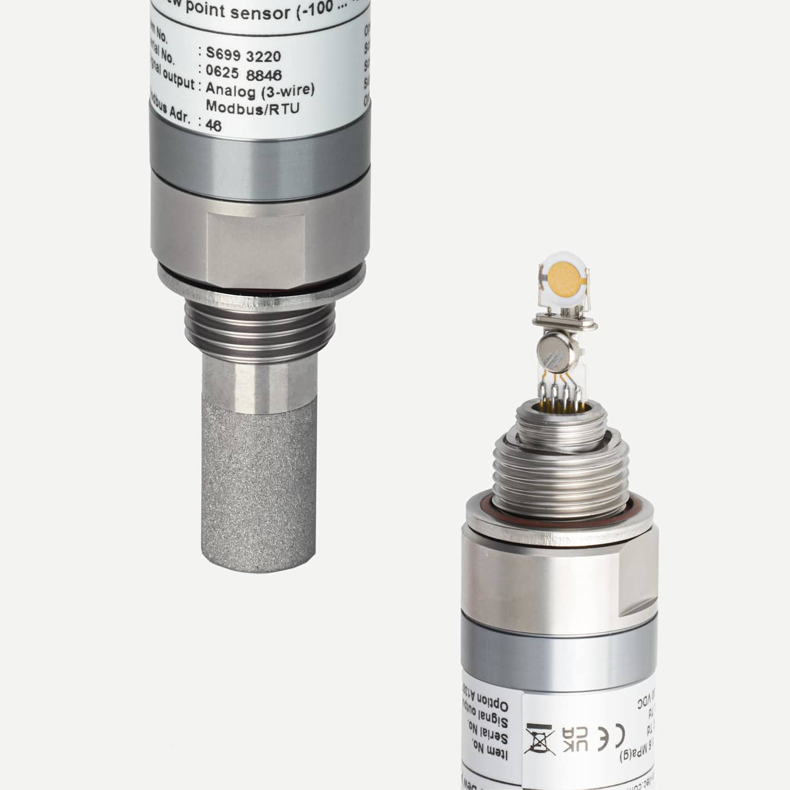 Two views of an industrial dew point sensor showing the protective filter and internal sensing elements for measuring moisture in compressed air systems