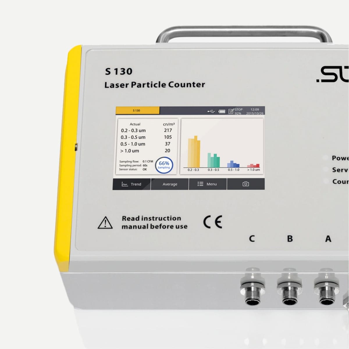 S130 laser particle counter displaying particle size distribution data for compressed air quality monitoring