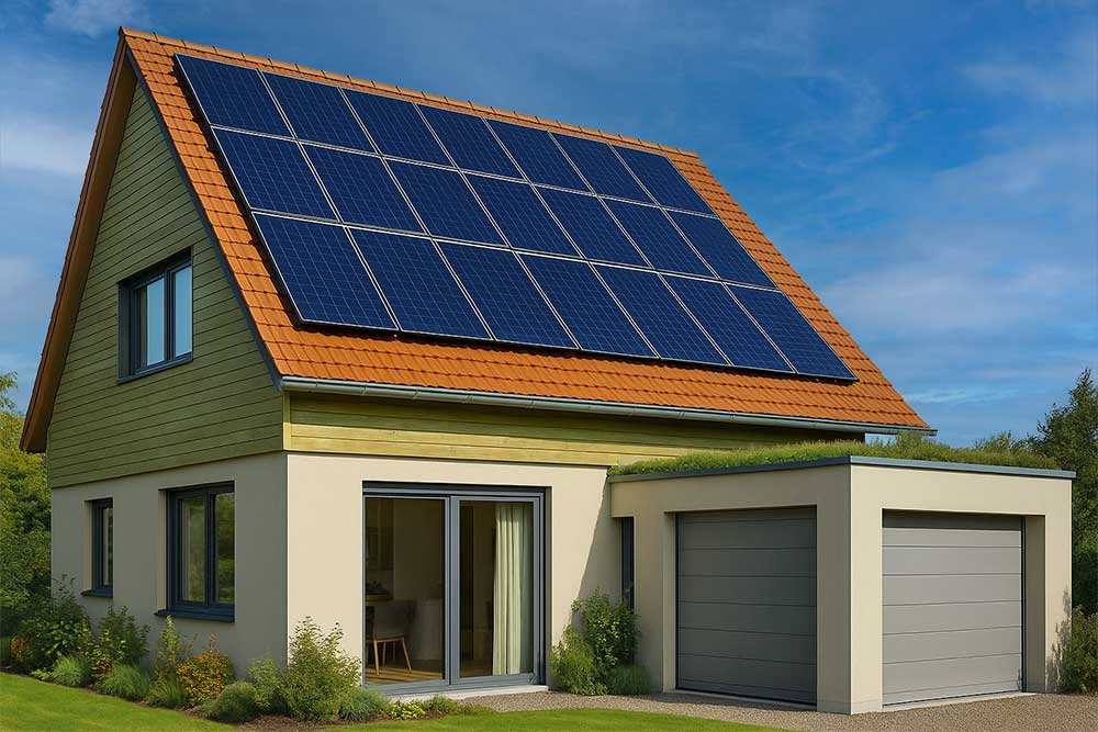 Modern energy-efficient residential house in Germany featuring solar panels and green roof elements