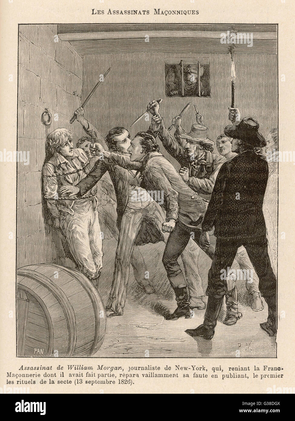 Historical illustration of the assassination of William Morgan, an event that fueled the anti-Masonic movement in 1826.