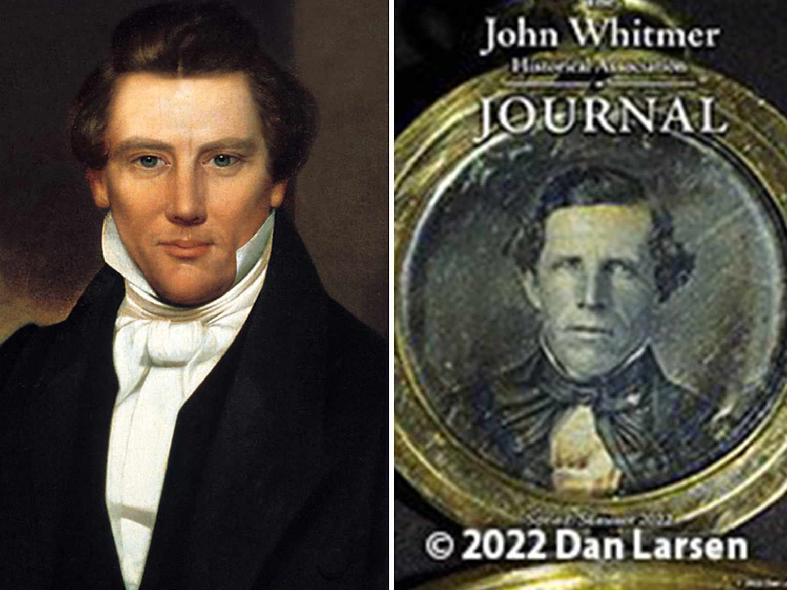 Portrait of Joseph Smith Jr. alongside a historical journal cover from the John Whitmer Historical Association.