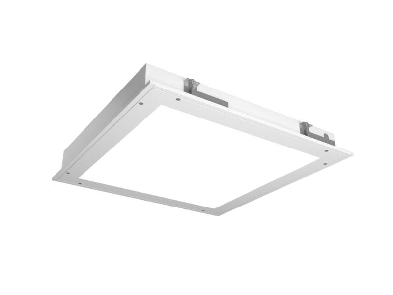 Square LED panel light fixture designed for cleanroom environments providing uniform, sterile illumination