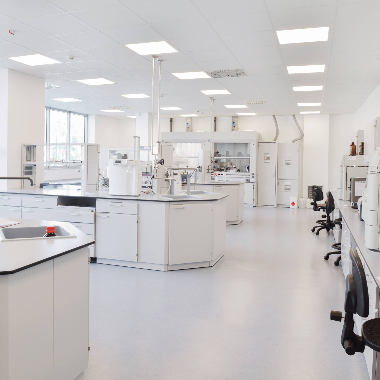 Modern clean room interior with bright LED panel lighting suitable for pharmaceutical and laboratory applications