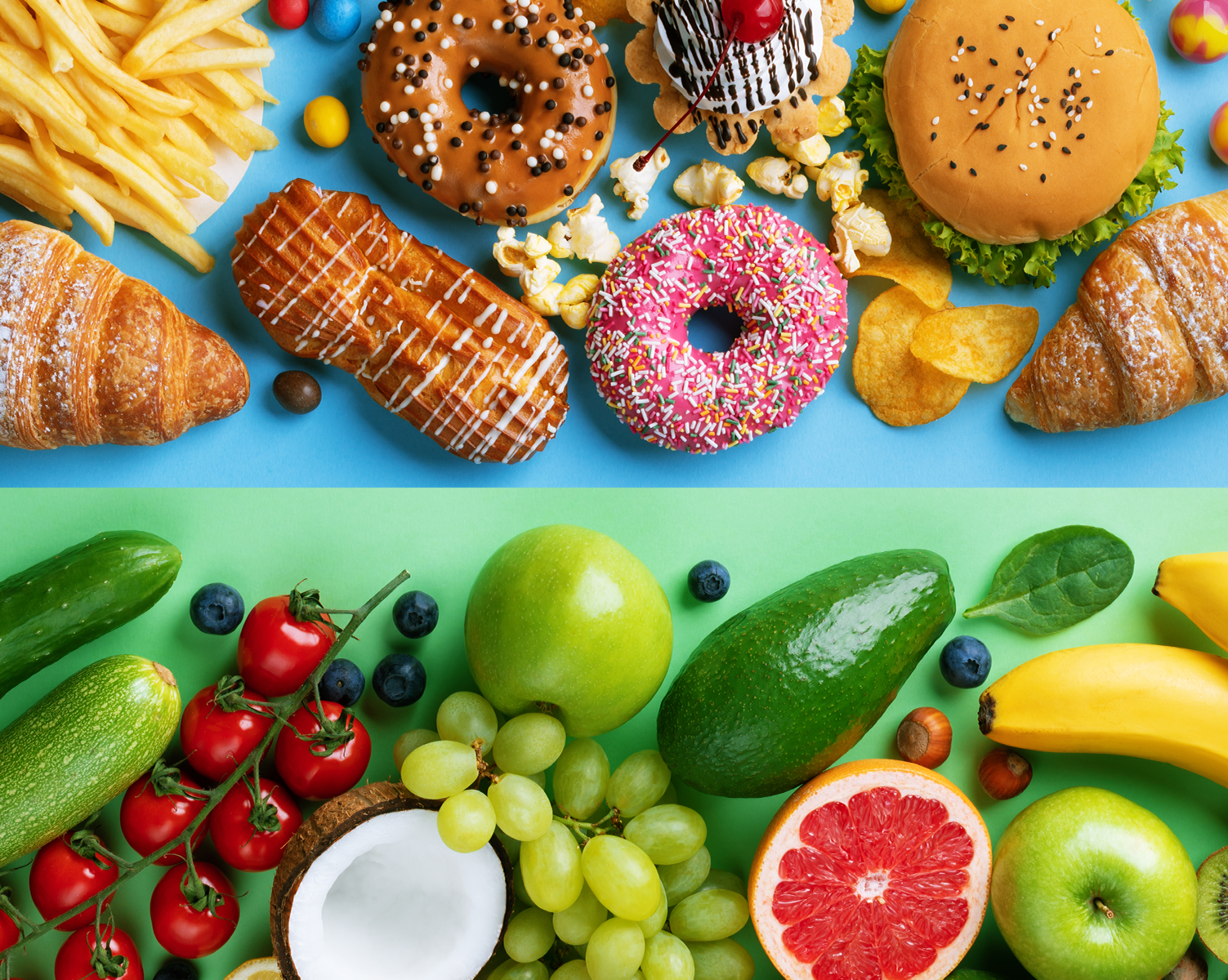 Comparison of processed foods and whole foods highlighting unhealthy versus healthy eating choices clean eating vs dirty eating