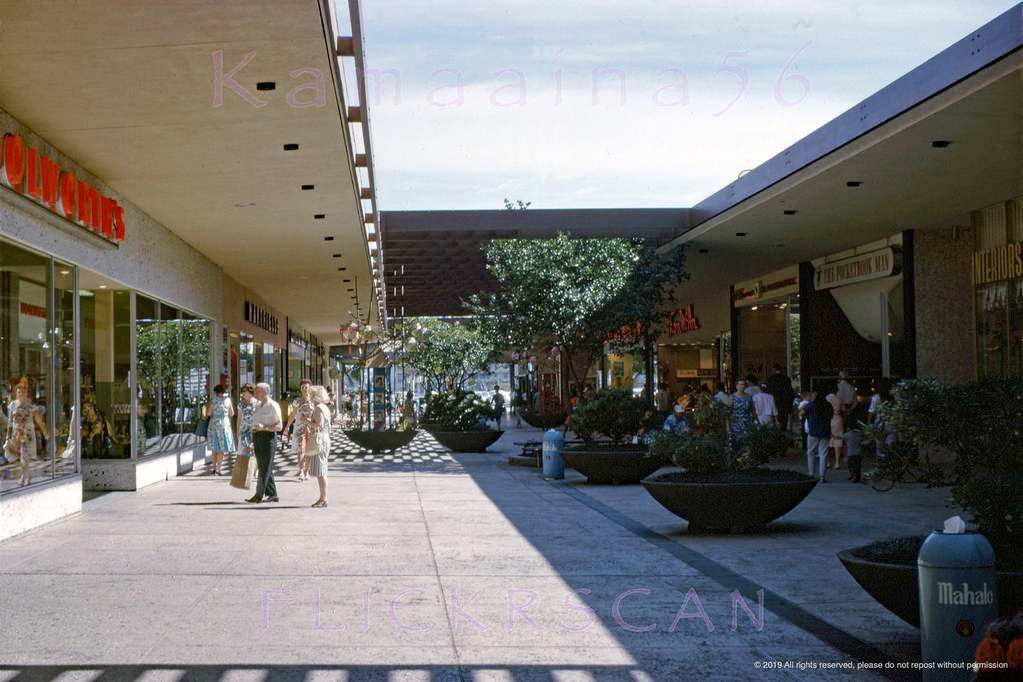 Historic Woolworth's store at Ala Moana Shopping Center in 1963 showing the vibrant shopping scene of Hawaii's past