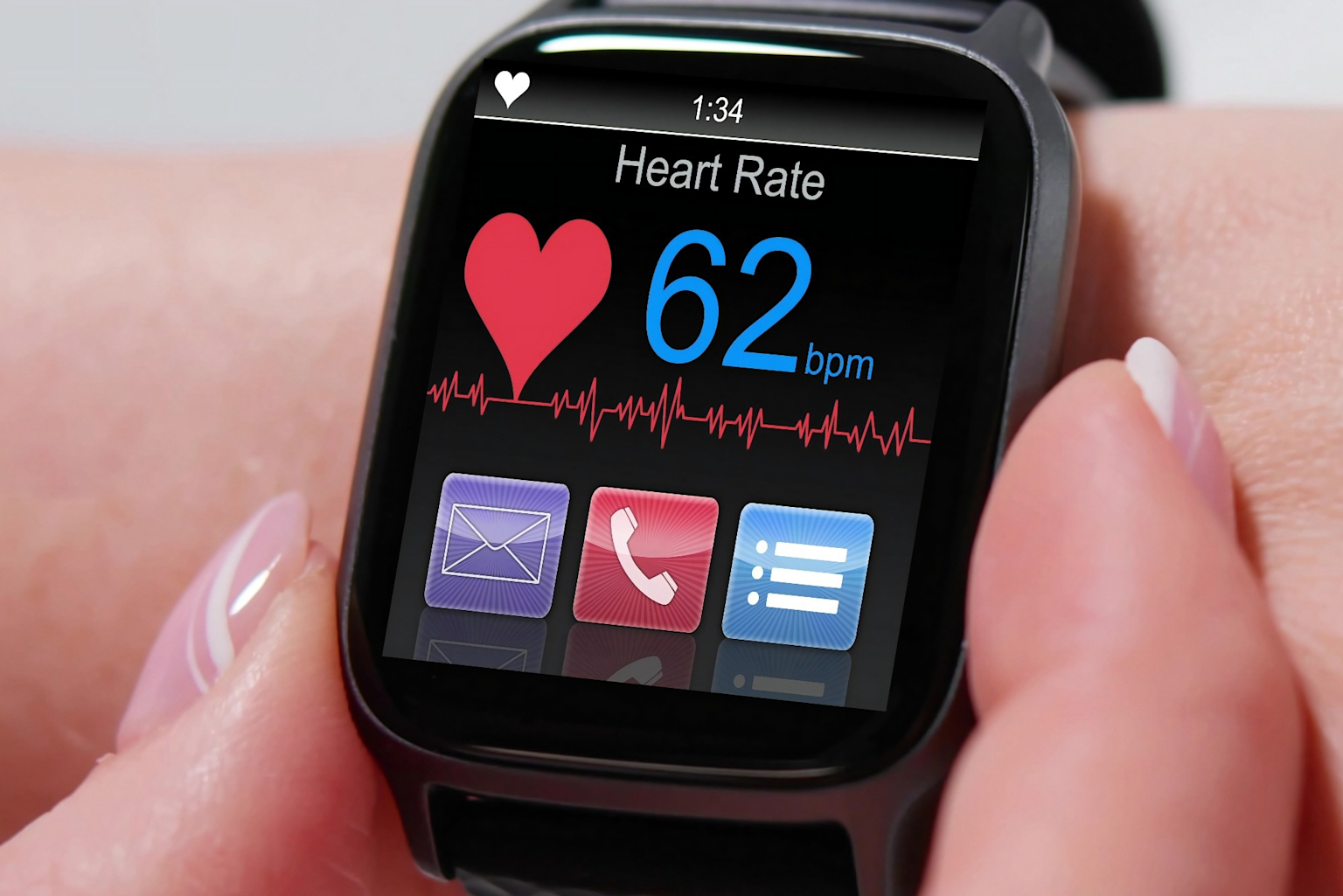 Smartwatch displaying heart rate monitoring with real-time ECG waveform and health-related app icons
