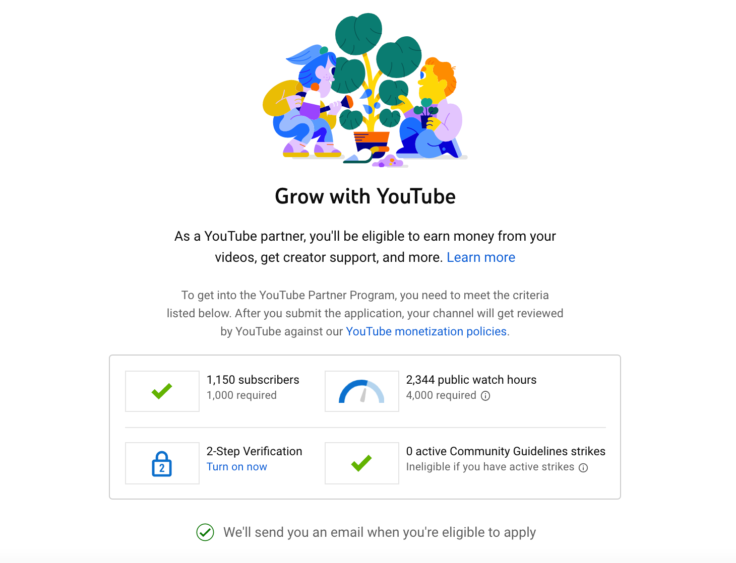 YouTube Partner Program eligibility criteria include milestones for subscribers, watch hours, security, and content compliance