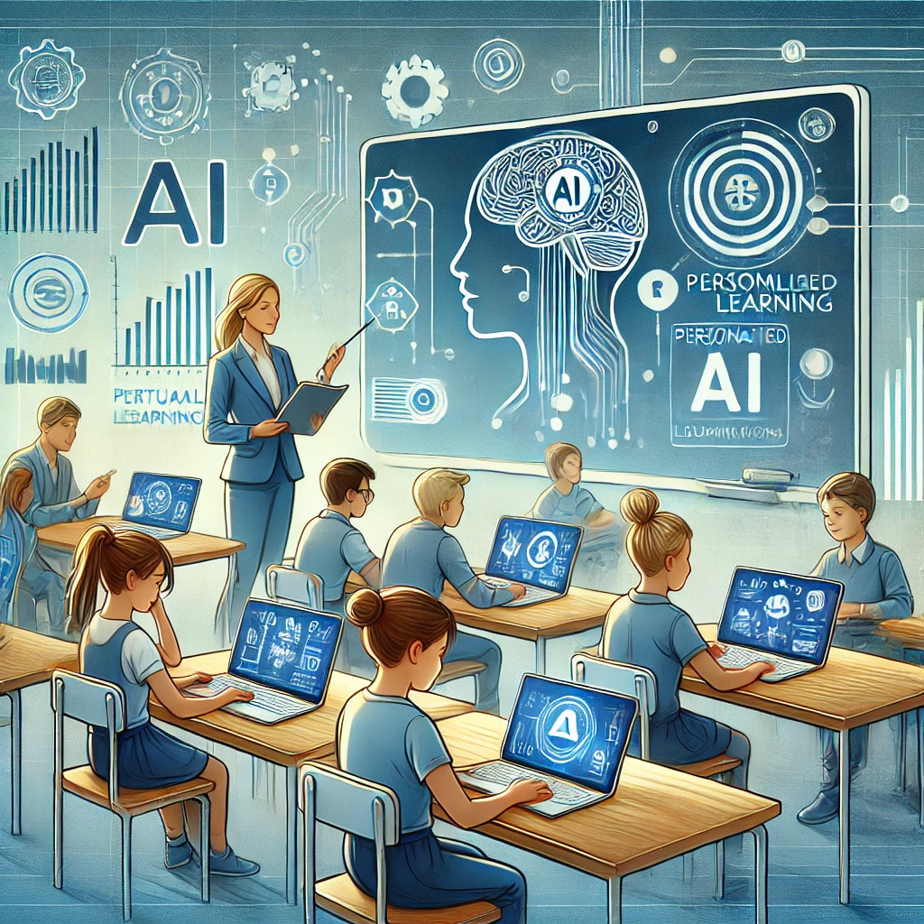 L'Intelligenza artificiale a scuola: perché è tempo di abbracciare il futuro invece di temerlo 8 Students in a futuristic classroom use AI-powered laptops as the teacher demonstrates personalized learning through artificial intelligence on a digital board.