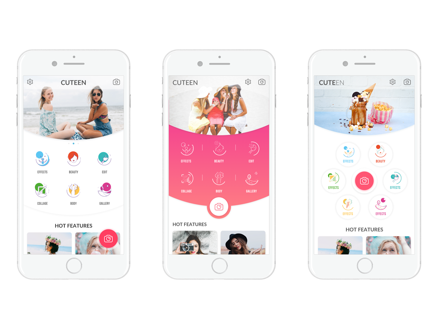 User interfaces of a mobile photo editing app showcasing features like effects, beauty, collage, and editing tools for enhancing photos on smartphones.