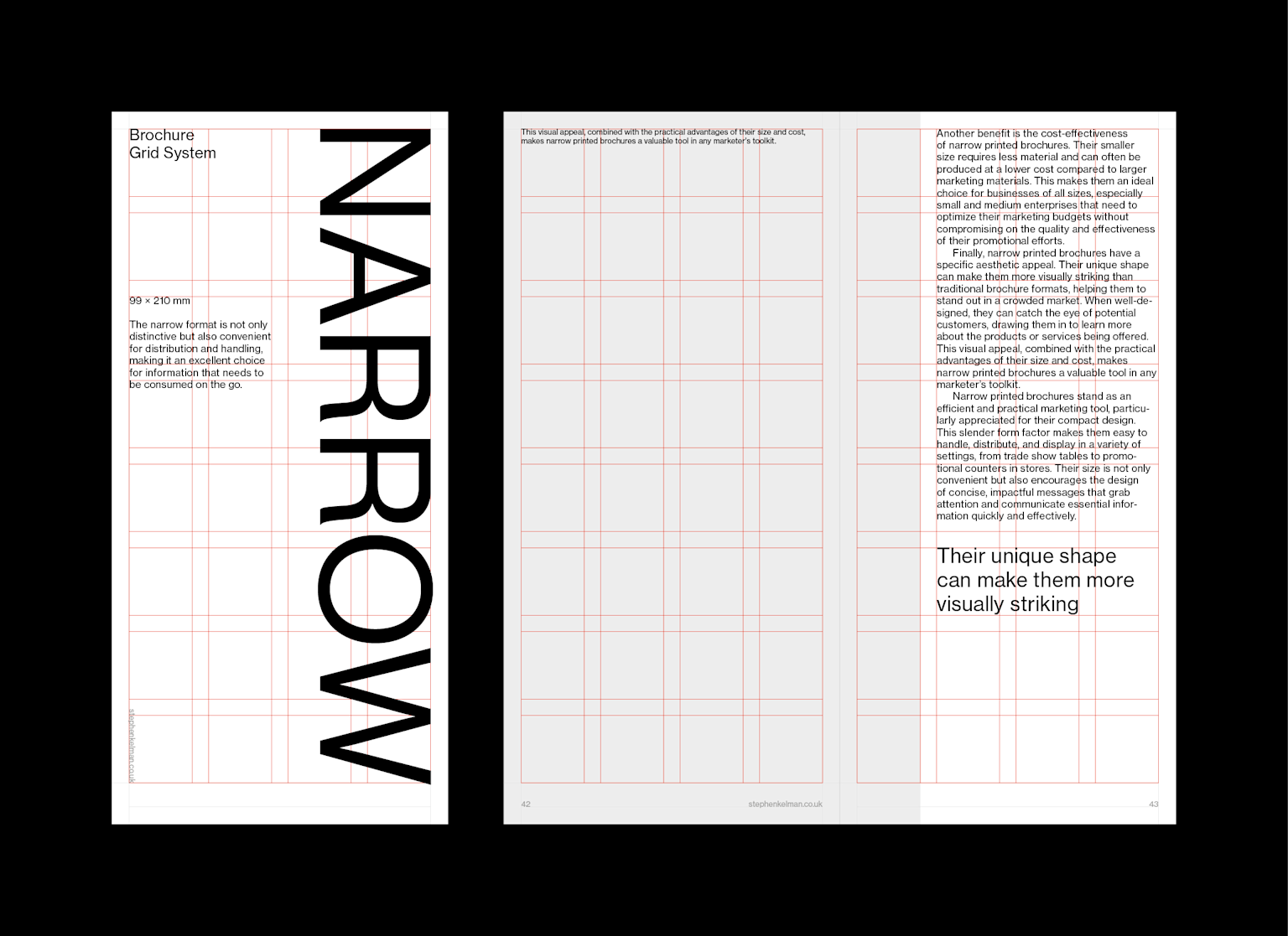 Grid system layout for a narrow brochure demonstrating content structure and visual flow using columns and rows.