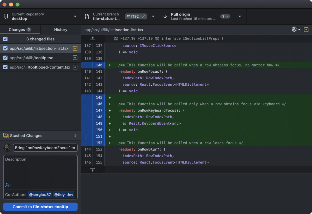 GitHub Desktop staging changes