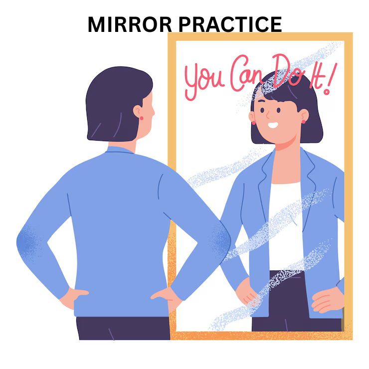 Person practicing spoken English using mirror practice with encouraging words on the mirror.