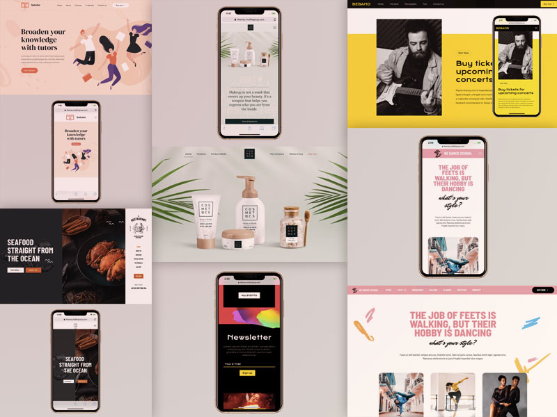 Examples of mobile-responsive, one-page website designs displayed on smartphones, demonstrating clean layouts and user-friendly interfaces.