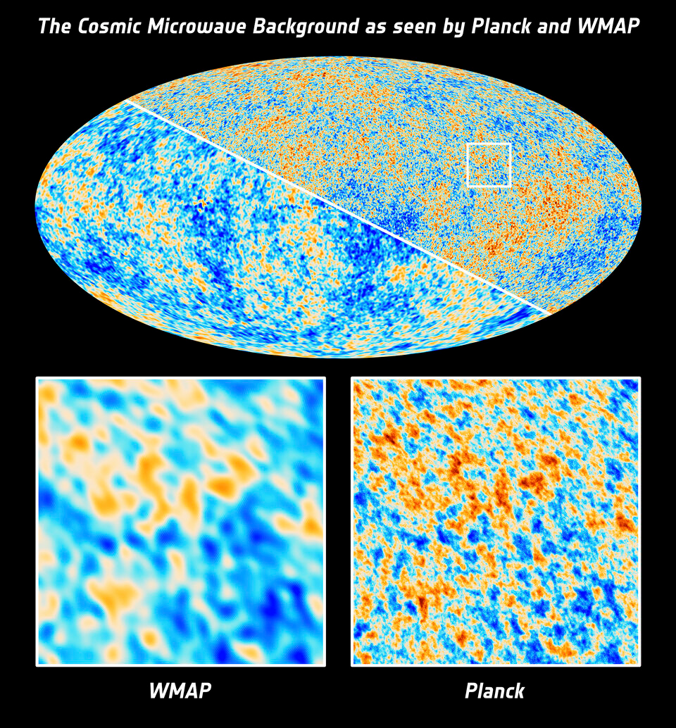 Comparison of the cosmic microwave background radiation maps from ESA's Planck and WMAP satellites, illustrating differences in resolution and detail