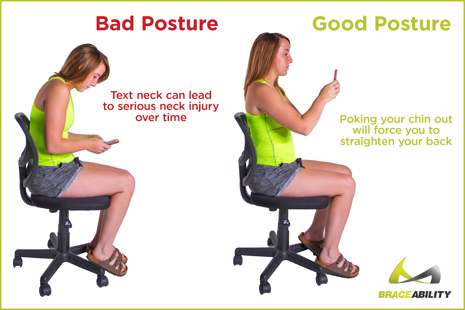 Comparison of bad and good sitting posture showing the impact of neck and back alignment while using a phone in a chair.
