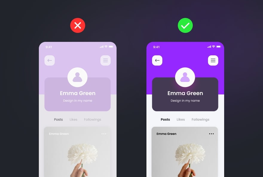 Comparison of mobile UI designs showing improved user experience through better color contrast and readability.