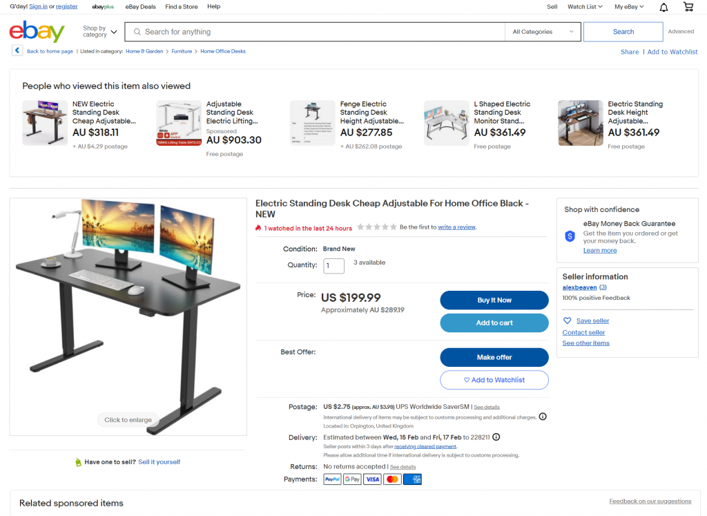 Screenshot of an eBay product listing for an electric standing desk showing UI elements and purchasing options.