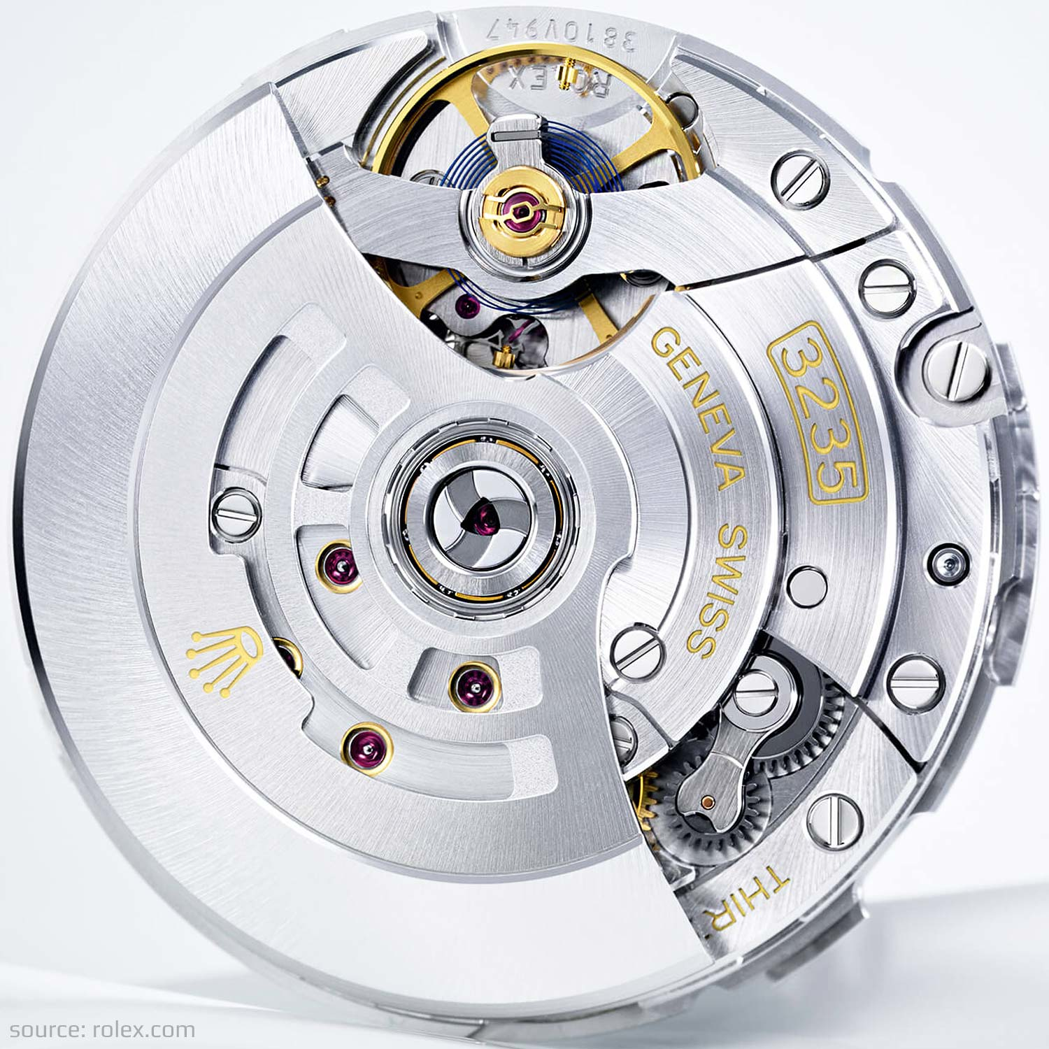Close-up of the Rolex Caliber 3235 mechanical watch movement showcasing precision engineering and design