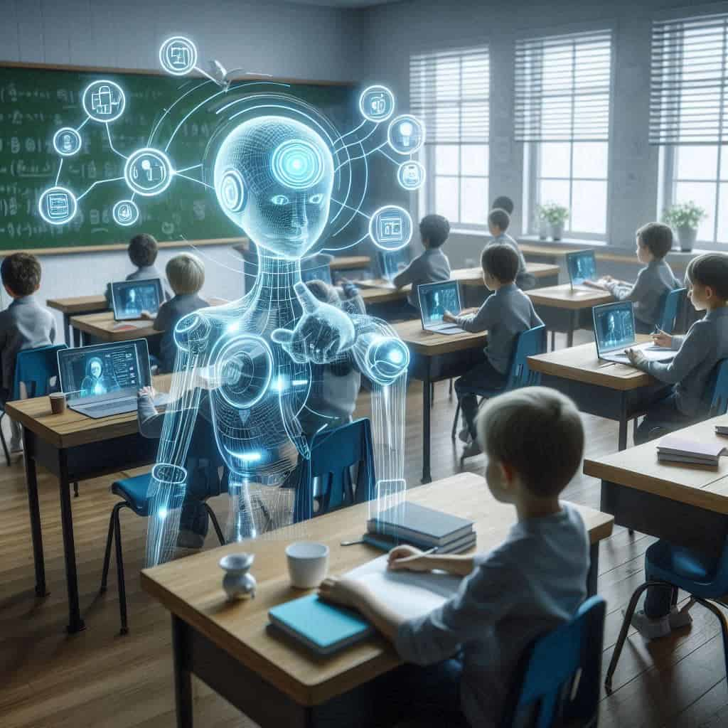 L'Intelligenza artificiale a scuola: perché è tempo di abbracciare il futuro invece di temerlo 3 A futuristic AI hologram interacts with students using laptops in a modern classroom, illustrating AI's role as an educational tool.