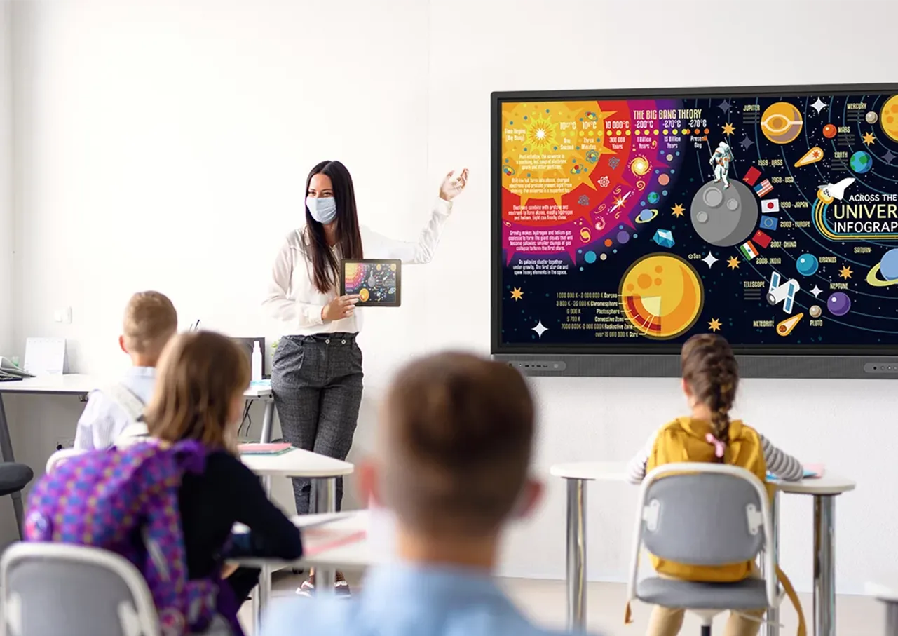L'Intelligenza artificiale a scuola: perché è tempo di abbracciare il futuro invece di temerlo 5 A teacher uses interactive technology and digital infographics to engage students in a modern classroom setting.