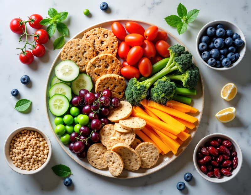 Assorted colorful healthy foods including fresh vegetables, fruits, and whole grain crackers on a balanced plate