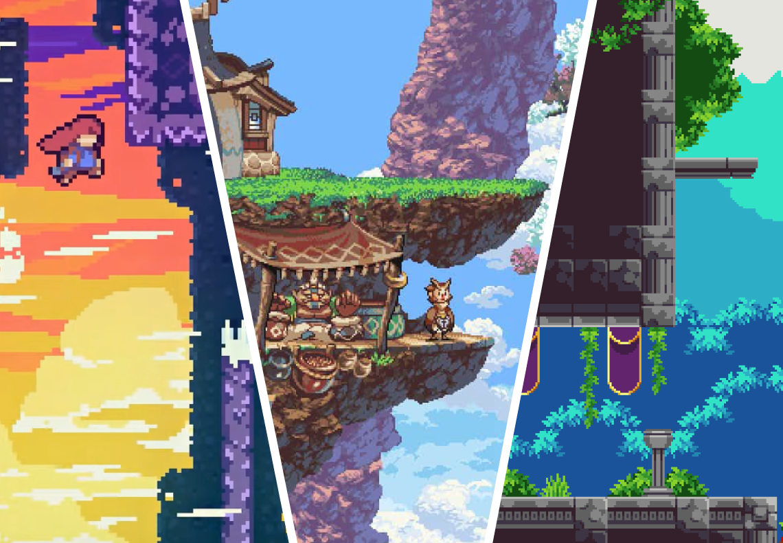 Illustrations of diverse pixel art environments and characters from 2D indie video games showcasing creative game art design