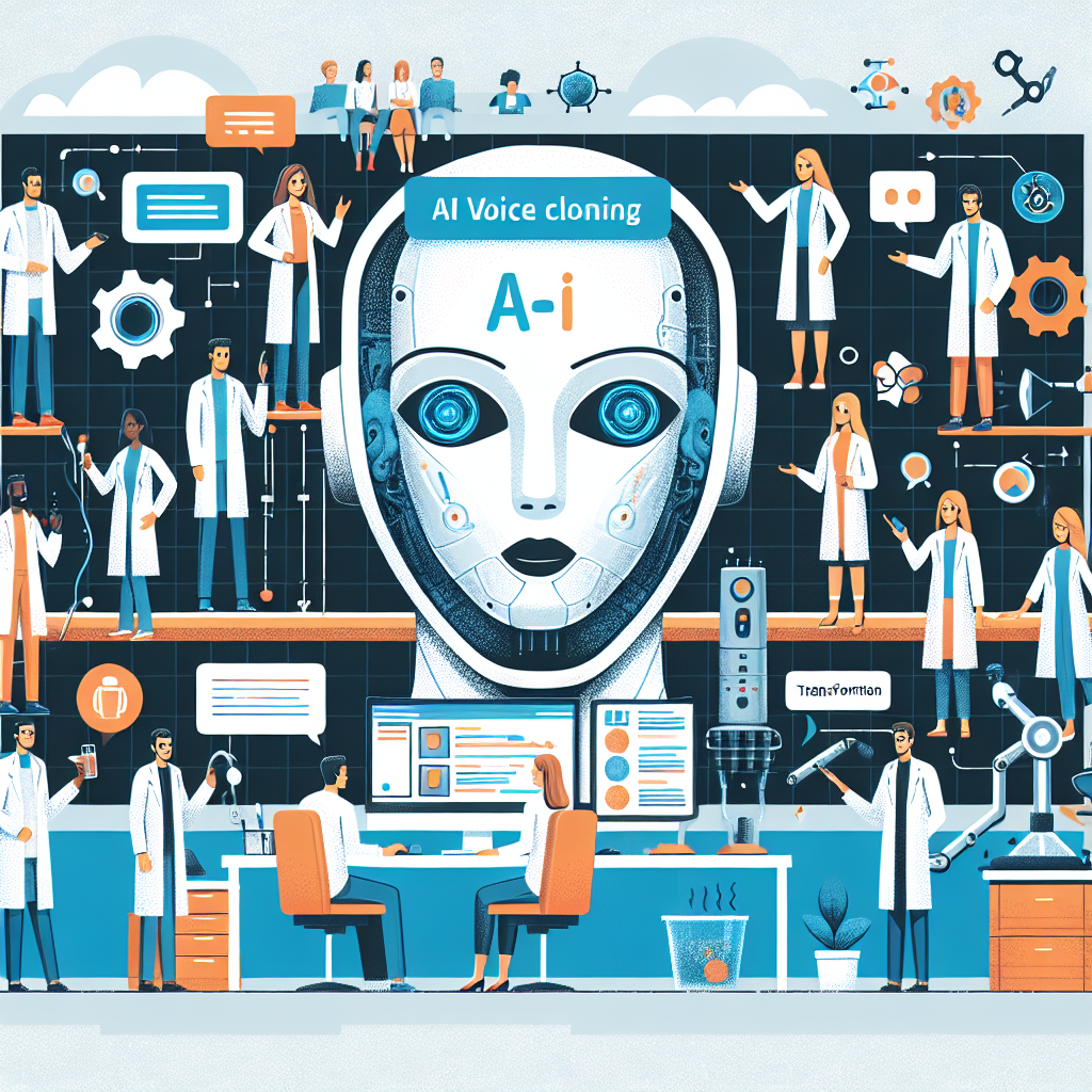 Illustration of AI voice cloning technology featuring researchers and digital interfaces in a futuristic lab setting