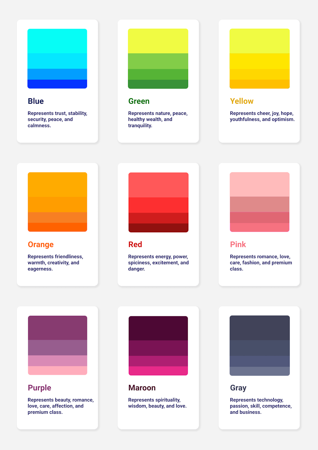 Color swatches with meanings representing different emotions and qualities for web design.