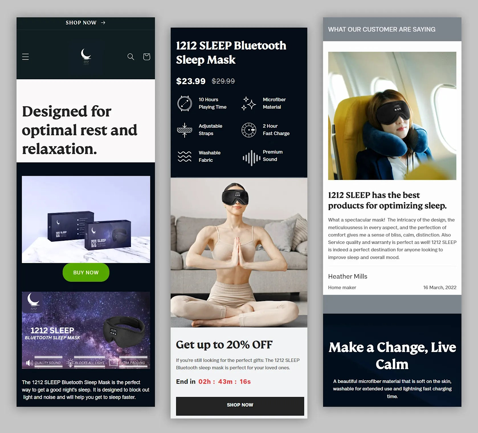 Mobile landing page design for 1212 SLEEP Bluetooth Sleep Mask showcasing product features, discount, customer testimonial, and call to action.