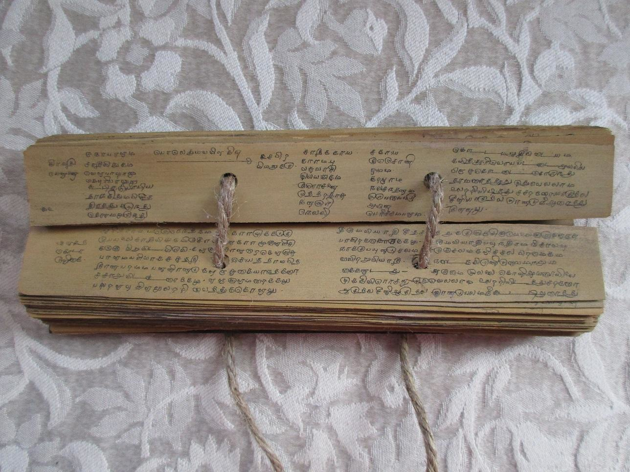 Ancient palm leaf manuscript with Tamil script, representing traditional Ayurvedic knowledge preservation