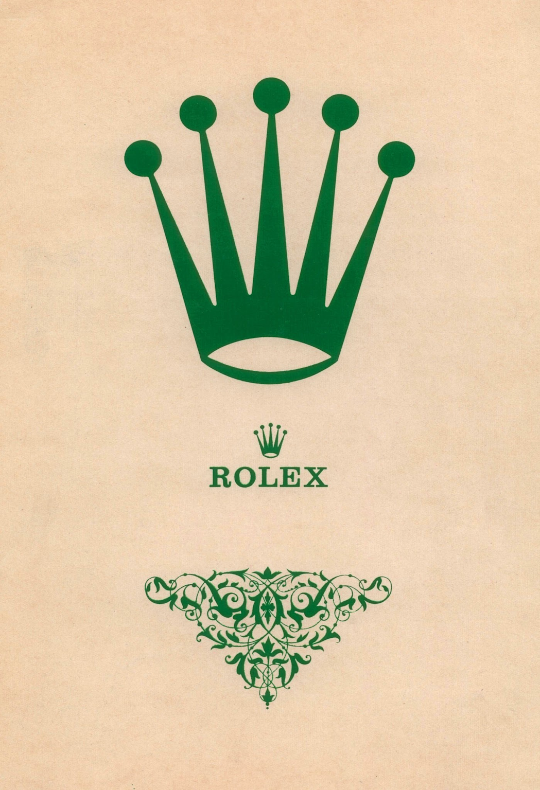 Rolex crown logo and iconic branding in a classic design on beige background