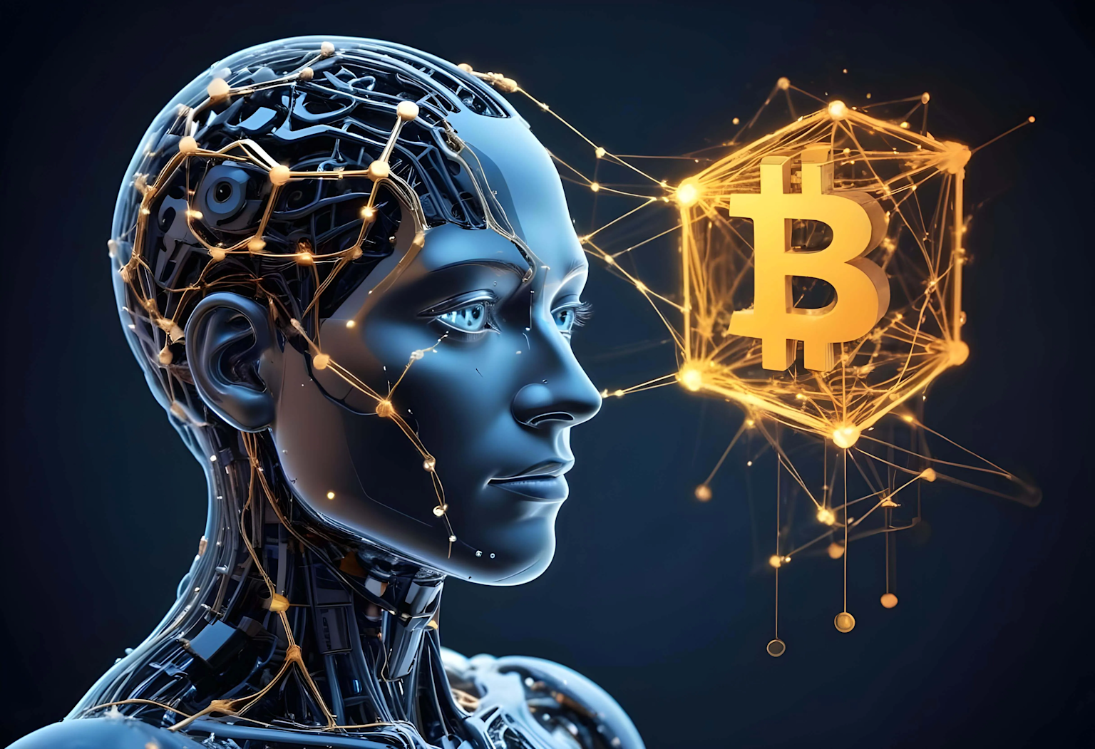 Futuristic AI-human hybrid connected to Bitcoin symbol illustrating integration of artificial intelligence with blockchain and cryptocurrency