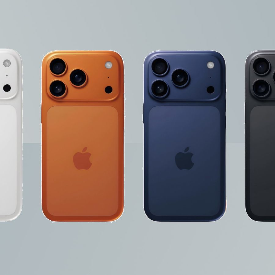 Four iPhone 17 Pro models shown in white, orange, dark blue, and black colors highlighting the new rear horizontal camera bar design and rumored color options