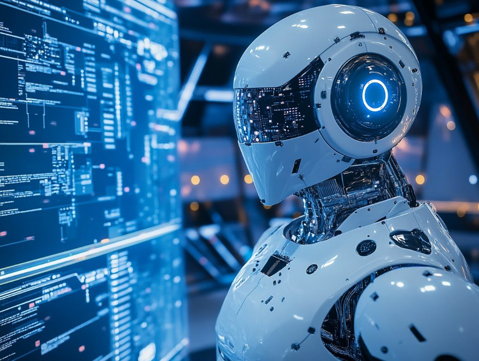 Futuristic humanoid robot analyzing complex data on digital screens