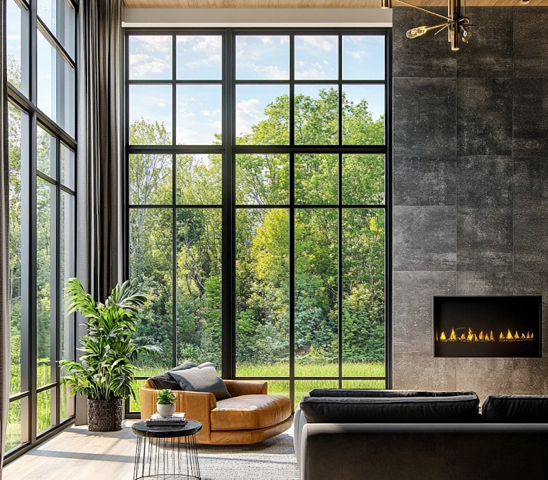 Modern living room with large UPVC windows