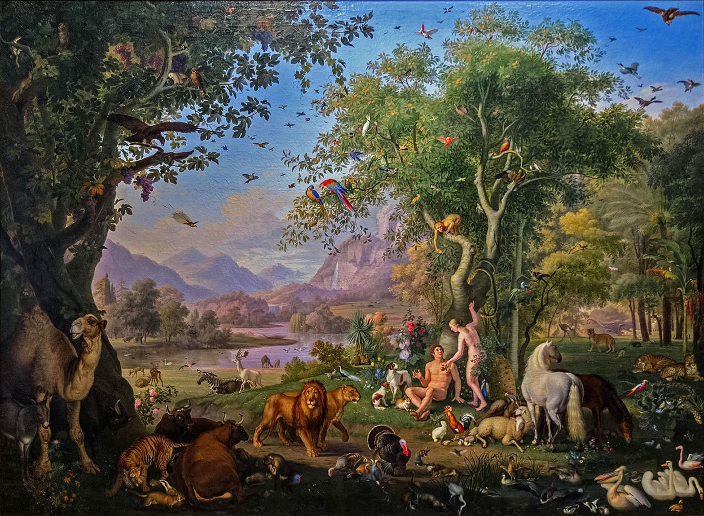 Adam and Eve in the Garden of Eden with the Tree of Knowledge and various animals symbolizing the biblical story of human fall from grace.