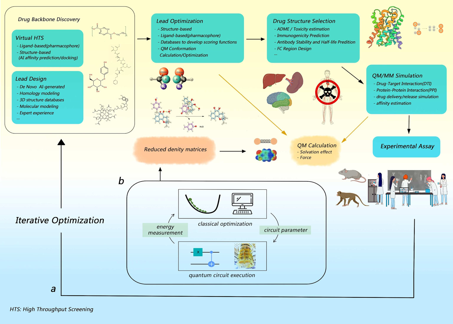 A detailed schematic of a hybrid quantum computing pipeline for drug discovery integrating molecular simulation, lead optimization, structure selection, quantum calculations, and experimental assays, including small photographic elements of lab scientists and animal models