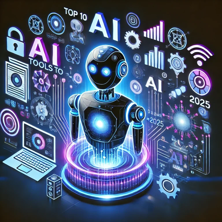 Futuristic illustration of AI tools and technology icons highlighting top productivity tools for 2025
