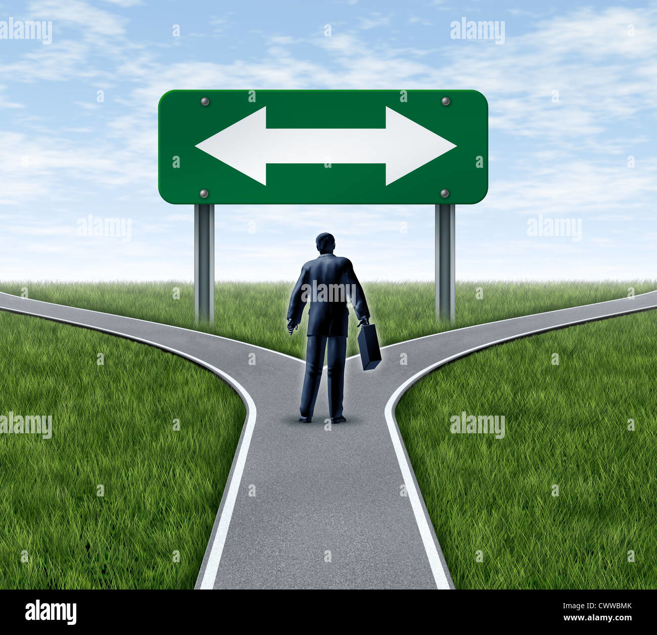 A business man at a crossroads facing a choice between two paths, symbolizing decision-making and the necessity to cut off one option when choosing another.