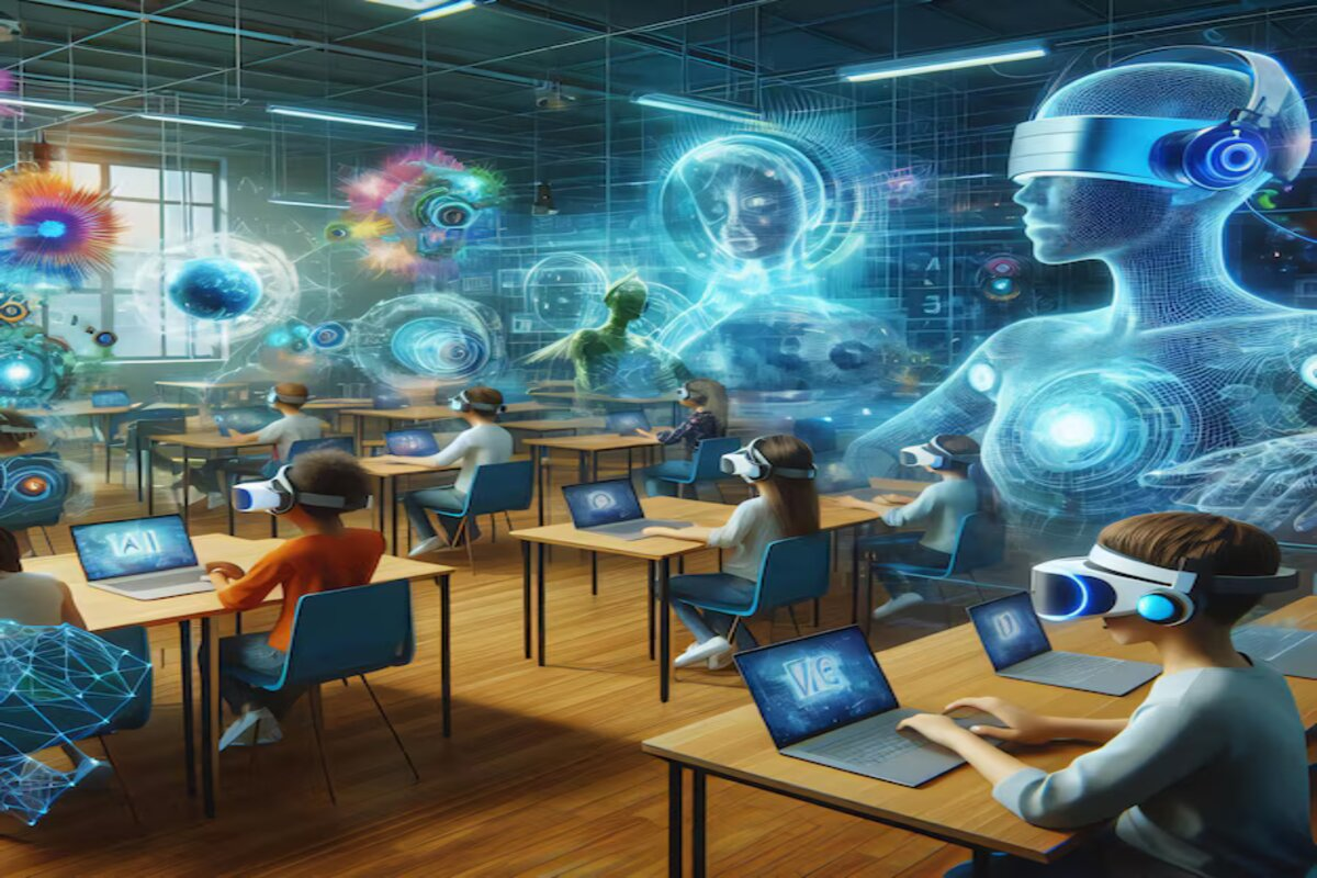 L'Intelligenza artificiale a scuola: perché è tempo di abbracciare il futuro invece di temerlo 9 Students in a futuristic classroom use virtual reality headsets and AI-driven technology for personalized learning and smart tutoring.