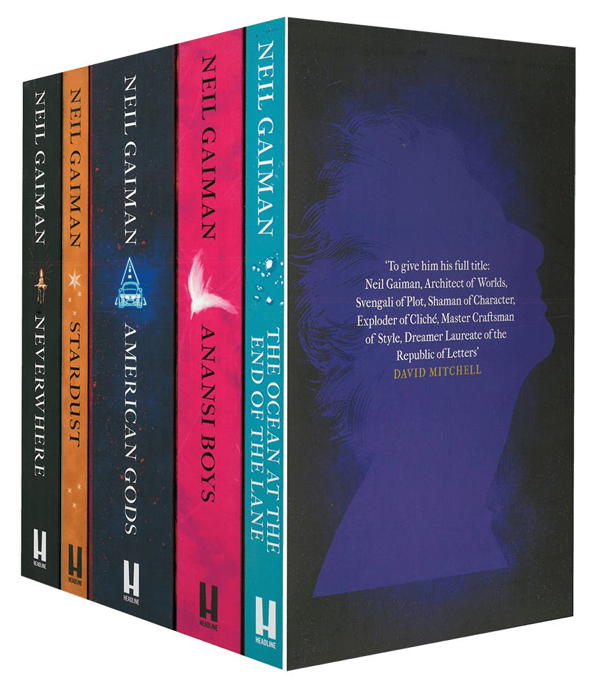 Five hardcover fantasy novels by Neil Gaiman including "Stardust" and "American Gods" in a colorful boxed set