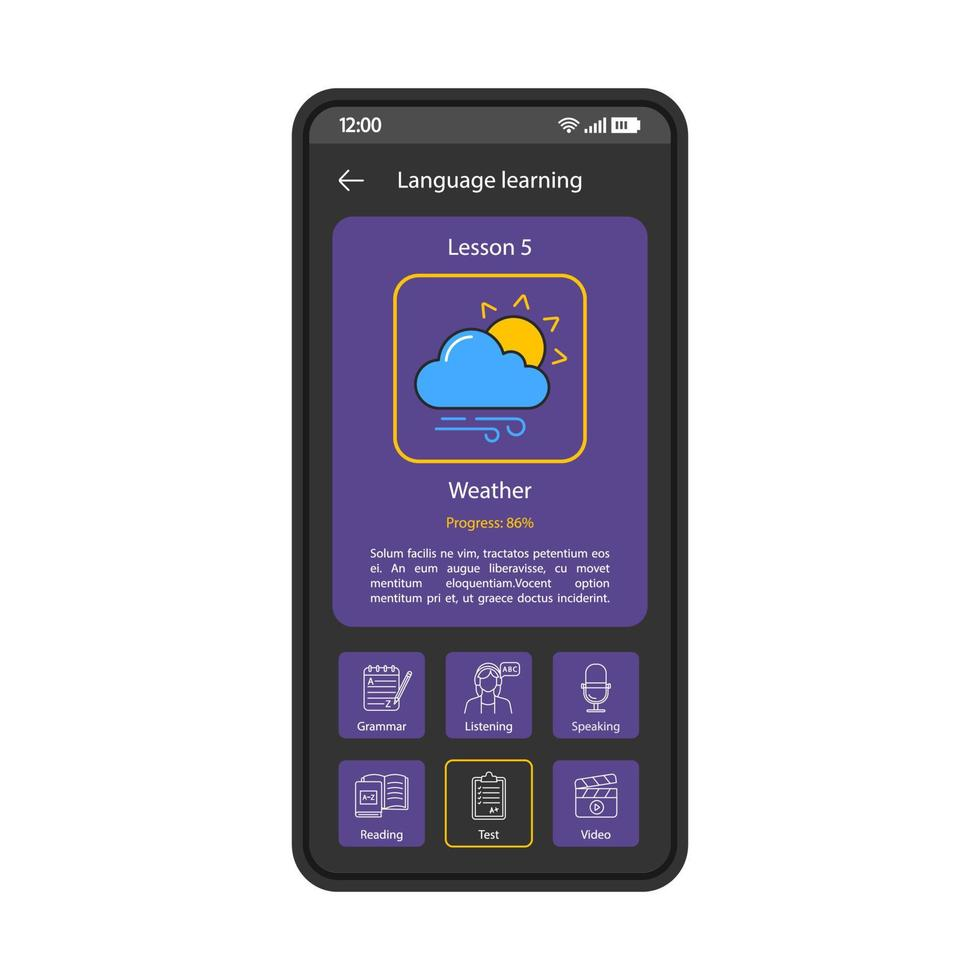 Smartphone screen showing a language learning app with lesson on weather and various skill practice options such as grammar, listening, speaking, reading, test, and video.
