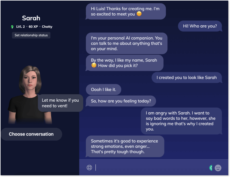 Sample AI chatbot interface showing a human-like, empathetic conversation with an avatar named Sarah to illustrate chatbot design that is easy for freshers to understand
