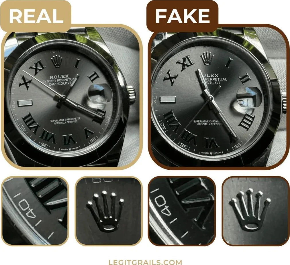 Comparison of a real vs fake Rolex Datejust watch, highlighting differences in crown logos, dial details, and numeral precision for authenticity verification