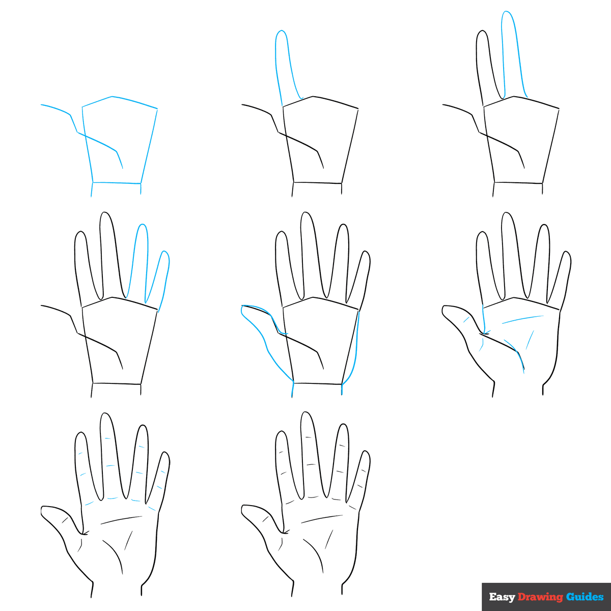 Step-by-step drawing tutorial showing how to draw an anime-style hand from basic shapes to detailed lines