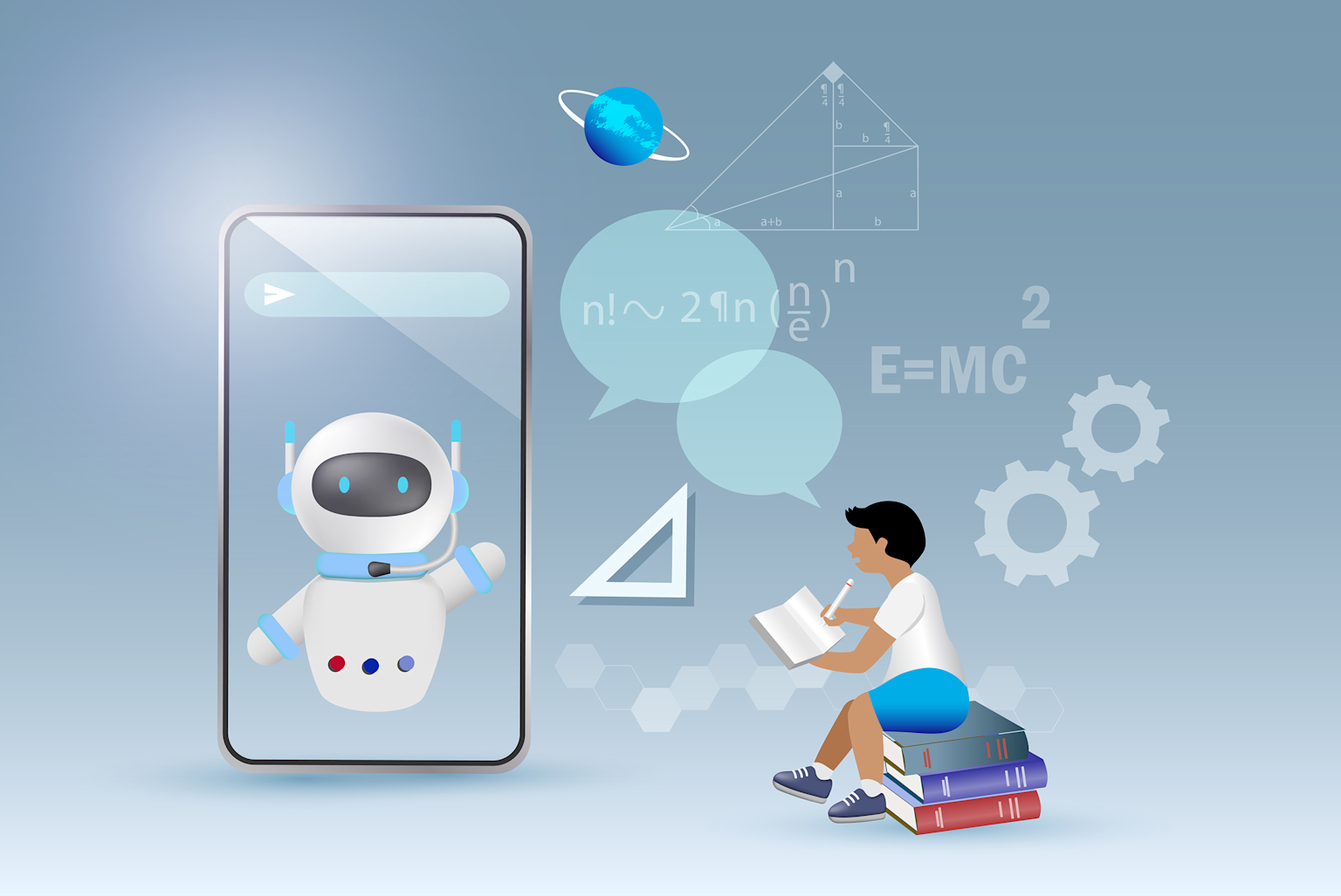 A student using an AI tutor chatbot on a smartphone for interactive learning, surrounded by educational symbols and formulas